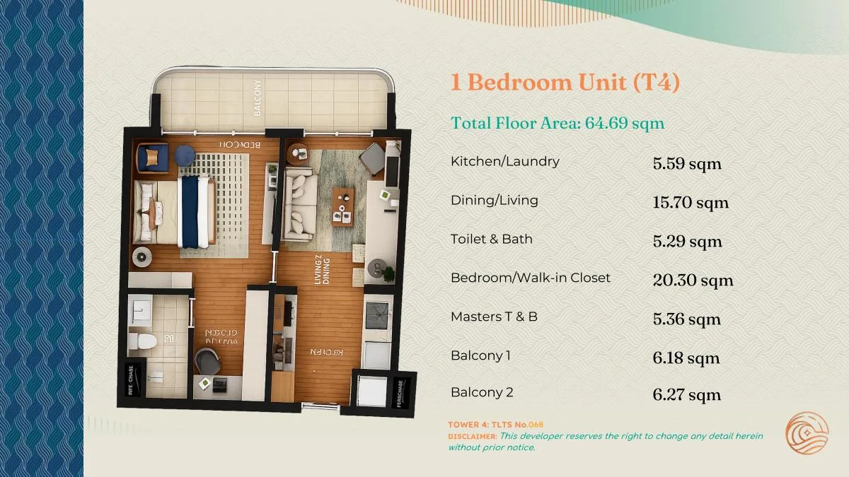 Costa Mira Tower 4 typical 64.69 sqm one-bedroom floor plan
